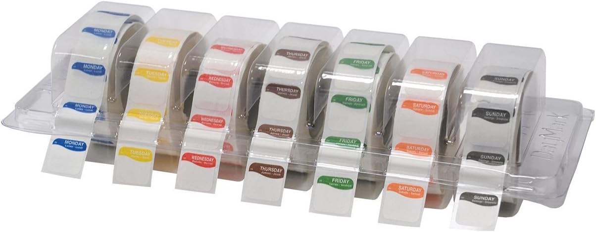 DayMark Safety Systems Day of the Week 3/4" Square Dissolvable Labels, Monday-Sunday, Label Dispenser Included (7,000 labels)