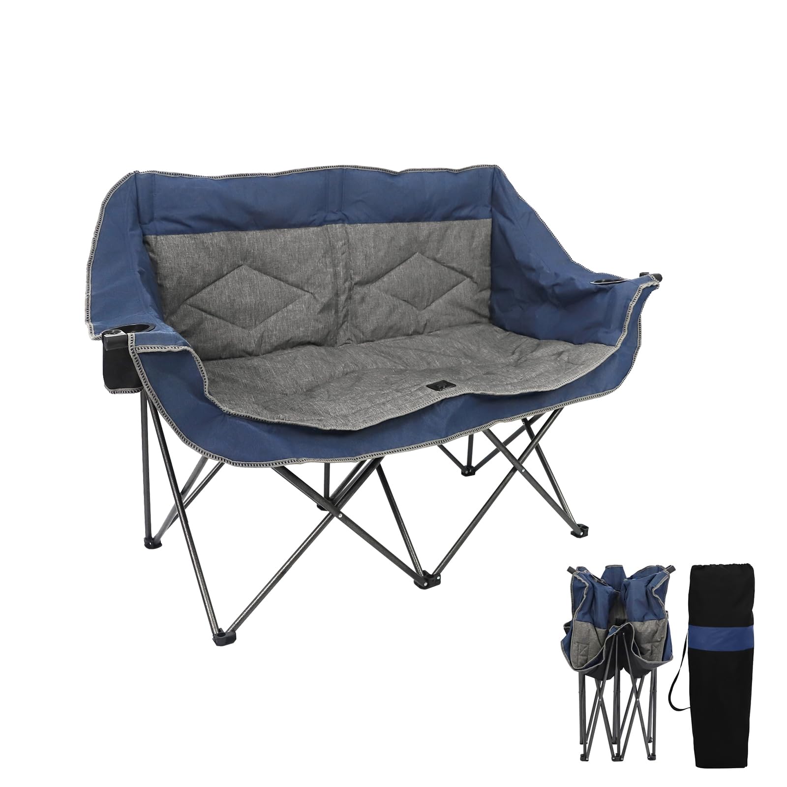 Folding Loveseat Camping Chair Portable Double Duo Full Padded Garden Chair for 2 Person Sofa w/2 Cup Holder,Wine Glass Holder,Support 600lbs for Picnic Beach Travel (Blue)