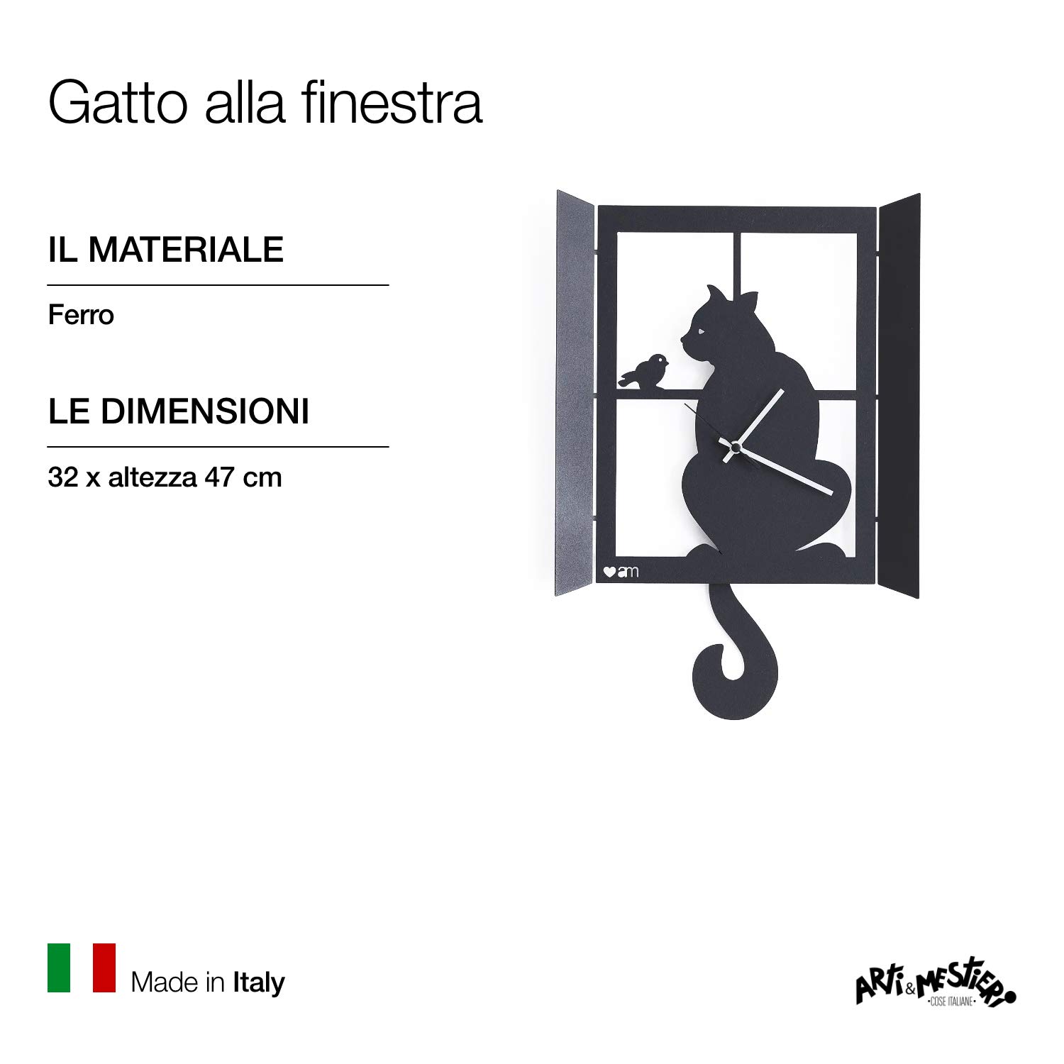 Arti & Mestieri Gatto alla Finestra - Orologio da Parete con Pendolo di Design 100% Made in Italy - in Ferro, 32 x 47 cm - Nero Goffrato