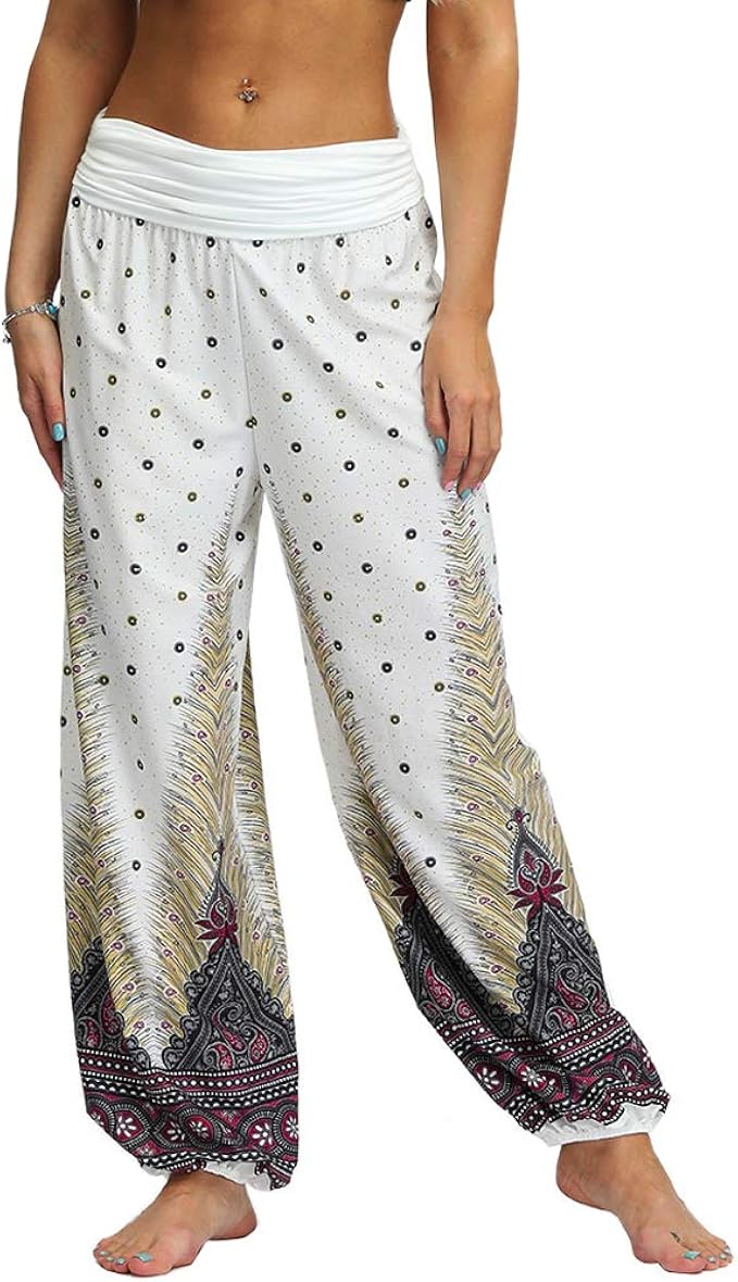 Nuofengkudu Vintage bedrukte lange uitlopende broek voor dames, hoge taille, rekbare wijde pijpen, yogabroek, S extra lang