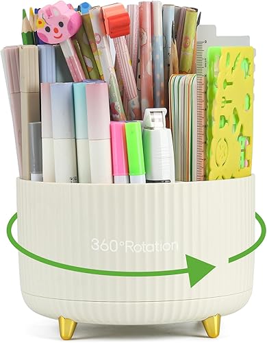 DOCMON Portalápices giratorio para escritorio, organizador de escritorio giratorio, 5 ranuras para bolígrafos con 50 hojas de notas adhesivas para