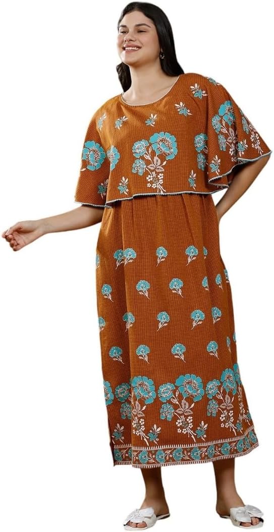 True Shape Maternity Gown for Women | Polyester Blended Feeding Poncho Night Dress with Attached Cape, Dual Concealed Zip Nursing & Convenient Pockets for Pre & Post Pregnancy