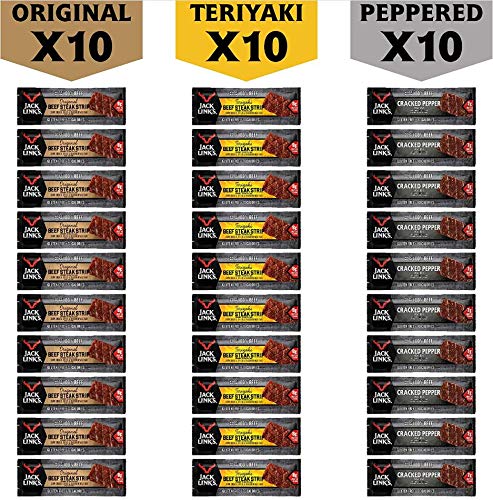Jack Link’s Beef Strips – Great Protein Bar, Meat Bar with 8g of Protein and 70 Calories, Made with 100% Premium Beef, Gluten Free, No added MSG or Nitrates/Nitrites (Combo Pack, Pack of 30)