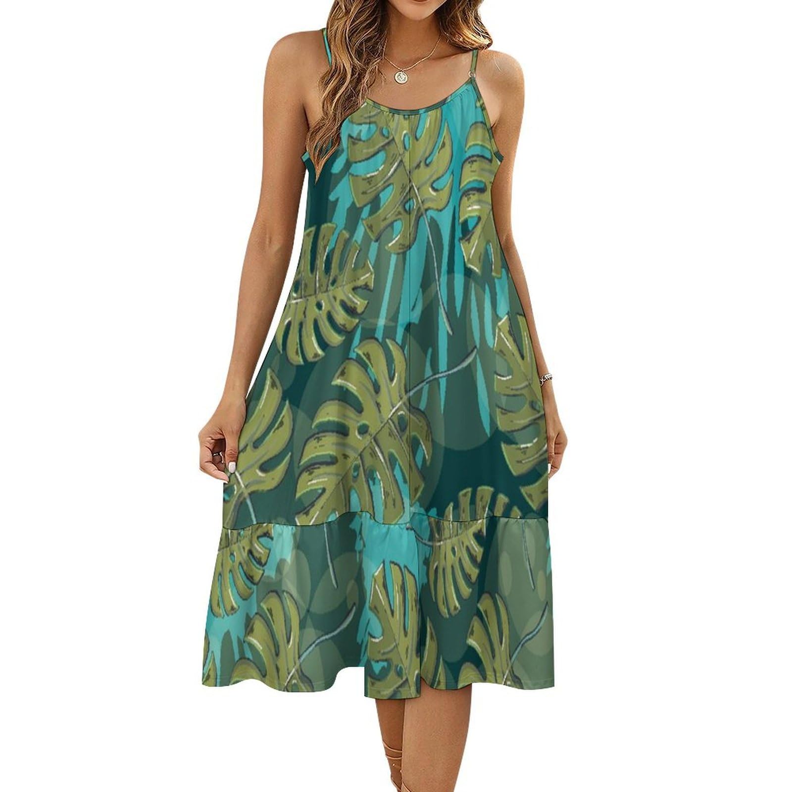 Monstera Palm Leaves Women's Summer Dress Spaghetti Strap Sundress Casual Midi Dresses Beach Swing Tank Dress L