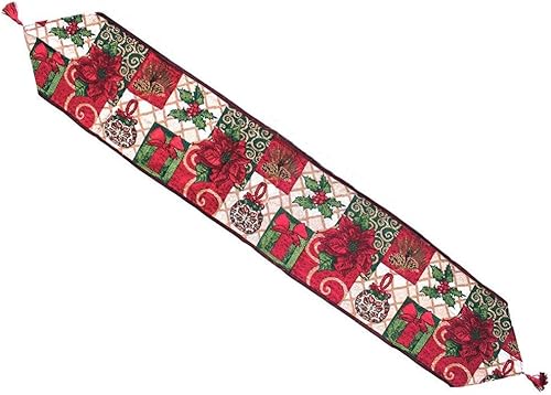 Miniatura 5 de Camino de mesa decorativo de Navidad de 13 x 71 pulgadas, tejido jacquard rojo de flor de pascua verde, hojas verdes, alegría, paz, amor, flor de