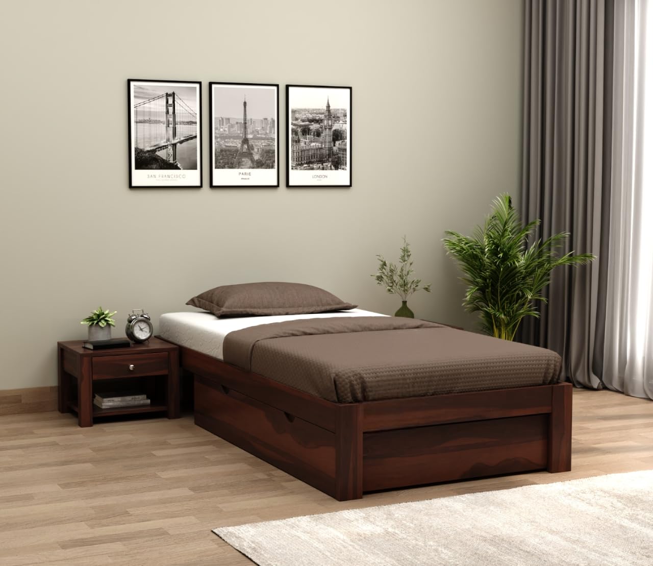 Solid Sheesham Wooden 6x3 Ft Bed Single Size Cot for Bedroom - Single Cot Bed with Drawer Storage Wooden Palang for Living Room Home & Guest Room (Mark Walnut, 6X3)-image-8