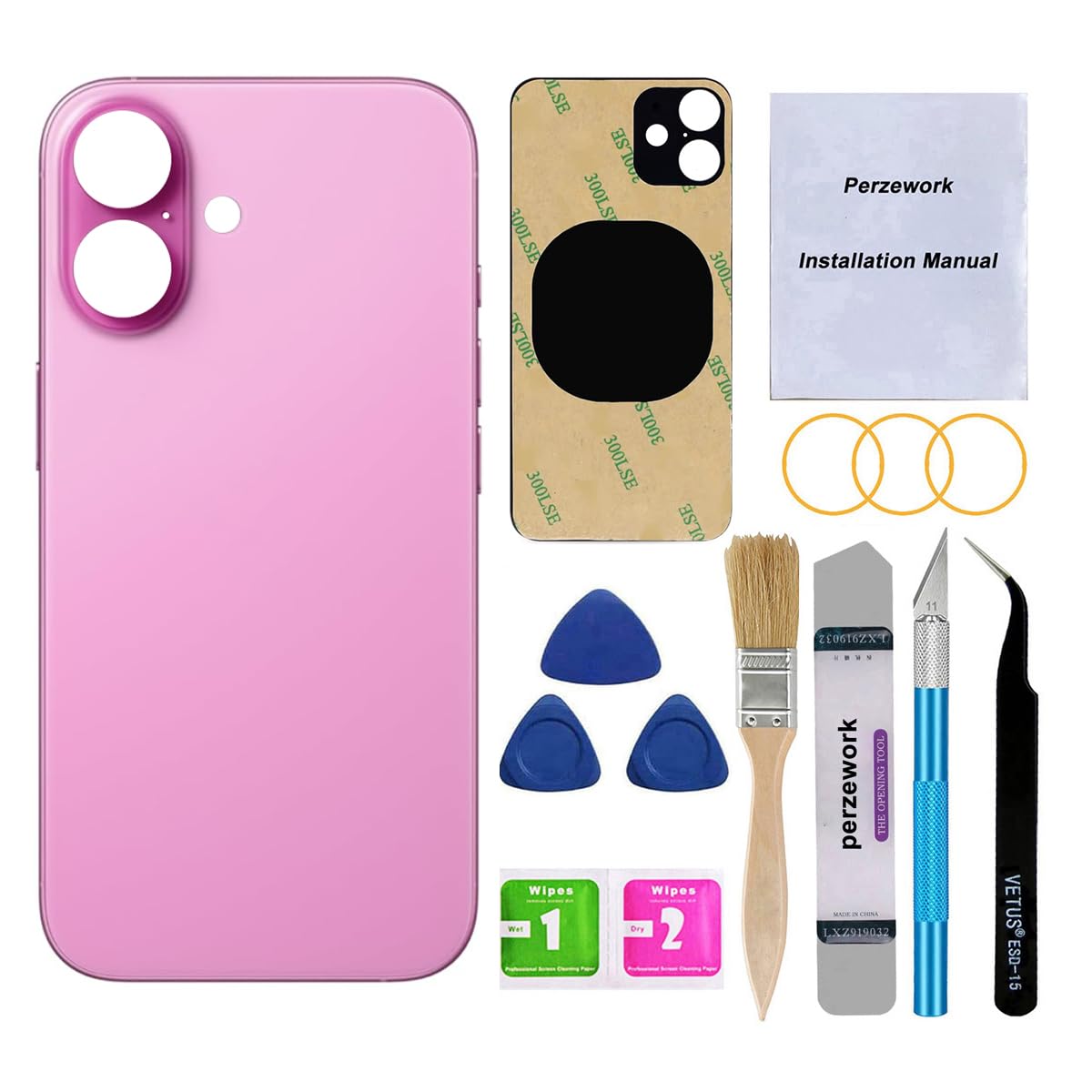 Perzework OEM Rear Back Glass Replacement for iPhone 16 Plus 6.7-inches with Reparing Tool Kit and Pre-Installed Adhesive (Pink)