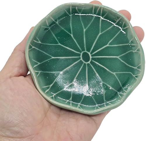 Miniatura 3 de BestySuperStore Bandeja pequeña en forma de hoja de loto verde oscuro de 4 pulgadas, hecho a mano, plato decorativo de porcelana de cerámica,