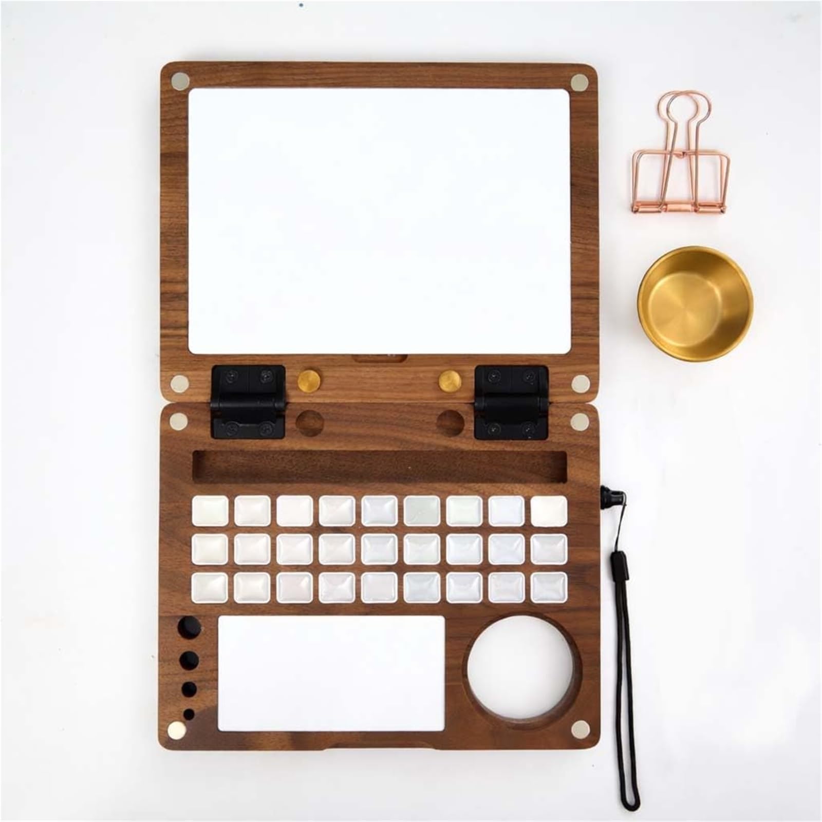 Paleta portátil de acuarela de 27 compartimentos, caja de pintura de viaje de madera de nogal negro con vaso para limpiar pinceles, clips metálicos y correa de mano, caballete de viaje