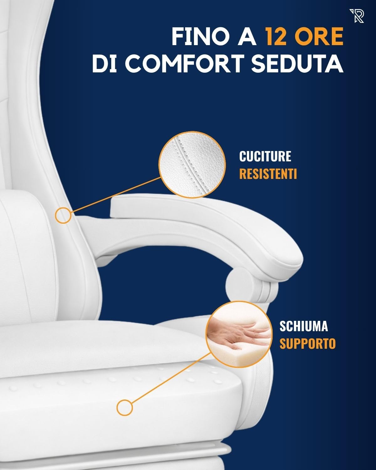 Apollo Silla Gaming Ergonómica con Respaldo Ajustable, Apoyabrazos, Cojines Lumbar y Cervical, Cuero Sintético Negro, Giratoria 360°, Diseño Moderno y Cómodo para Jugadores, Blanco