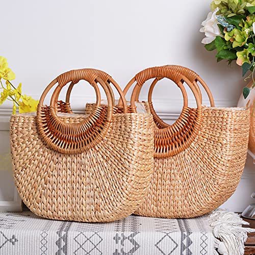 Image of Eforcase Women Straw Bag Large Woven Bag Round Handle Ring Tote Purse Retro Handbags Summer Beach Bag