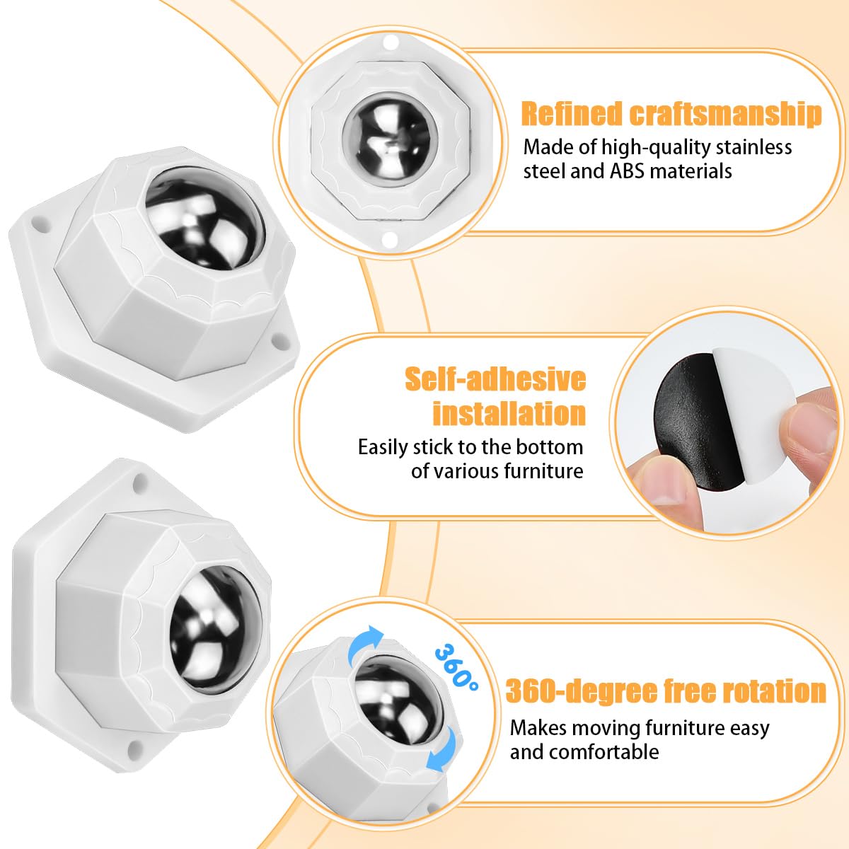 Ruedas de Bola 20mm Autoadhesivas para Muebles, Ruedas Giratorias Pequeñas para Electrodoméstico Sofá Armario (Blanco)