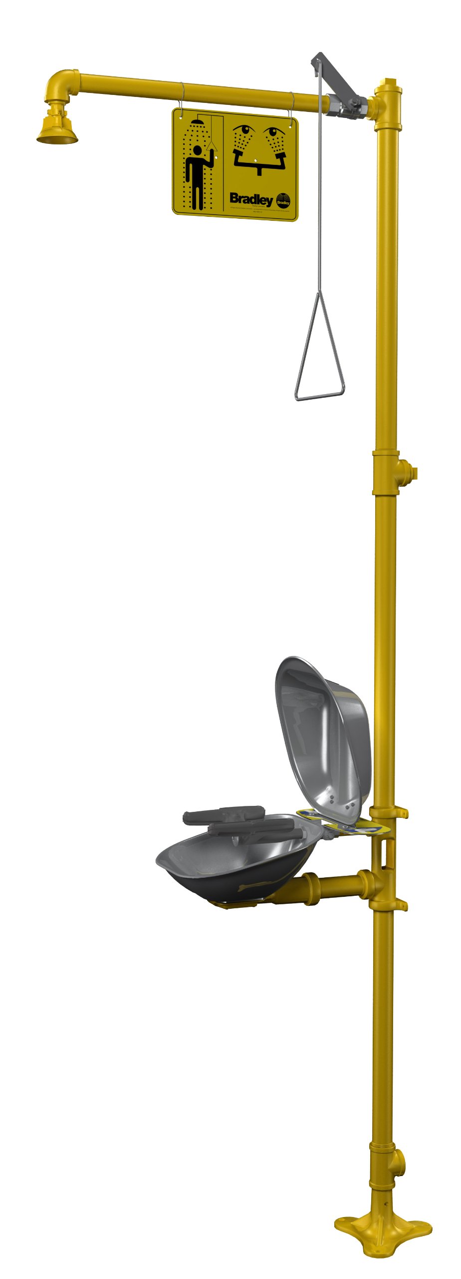 Galvanized Steel 3 Spray Head Halo Combination Drench Showers and Eye/Face Wash Unit with Hinged Dust Cover by Bradley – Galvanized Steel, Yellow, Model S19314DCFW