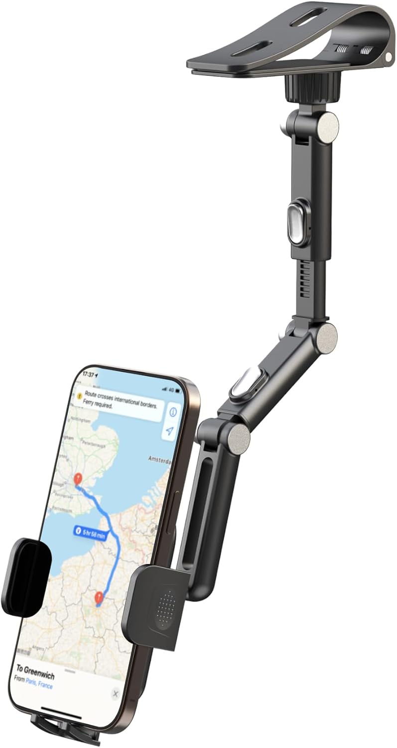 Karmus Sun Visor Phone Holder for Car, Aluminum Alloy Clip-on Sunvisor Phone Mount with Auto-Lock, 360° Rotation & Extendable Arm, Hands-Free Car Visor Cell Phone Holder Compatible with iPhone Android