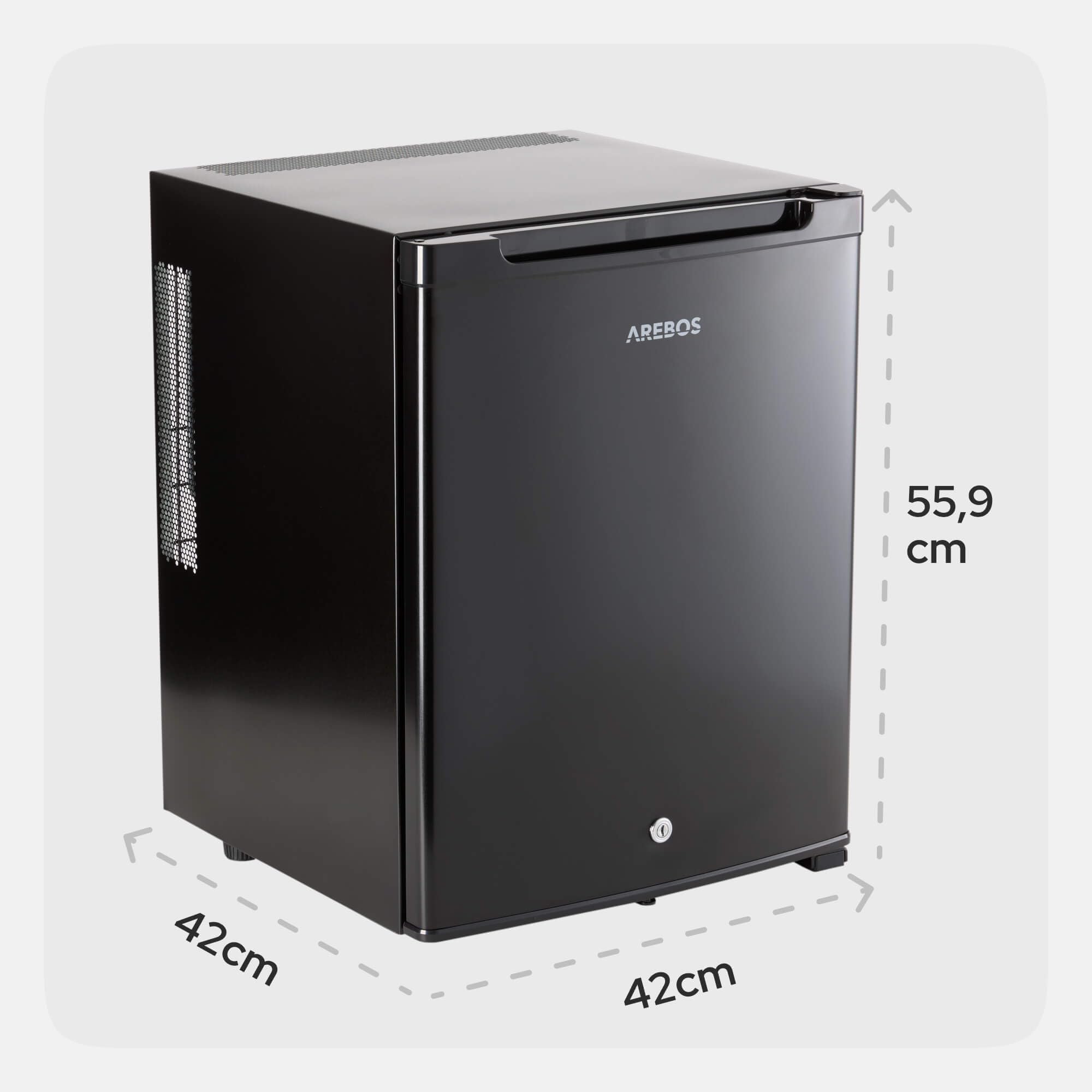 Arebos Mini Frigorífico 40L | Mini Bar Silencioso ≤27 dB | Nevera Compacta con Cerradura, LED y Temperatura Ajustable 5–18 °C | Frigorífico Oficina | Negro