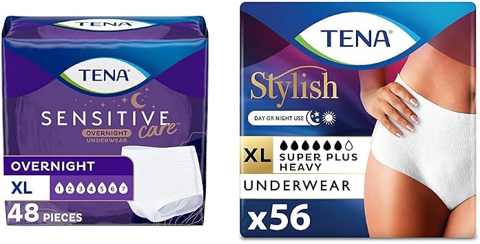 TENA Incontinence Underwear for Women, Overnight Absorbency, Intimates - X-Large - 48 Count & Incontinence & Postpartum Underwear for Women, Super Plus Absorbency - X-Large - 56 Count