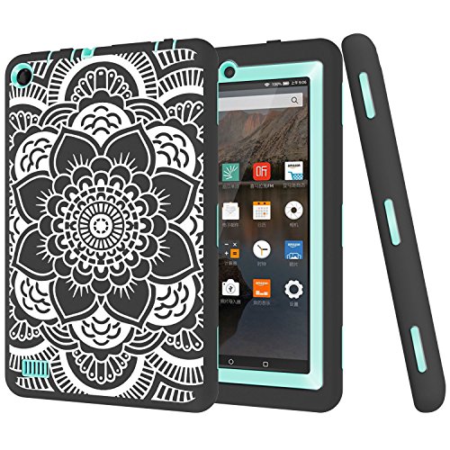 Fire 7 2015 Case, Pandawell Hybrid Heavy Duty Rugged Shockproof Cover for Amazon Fire (5th Generation - 2015 release) 7.0 Inch Tablet - Fllower
