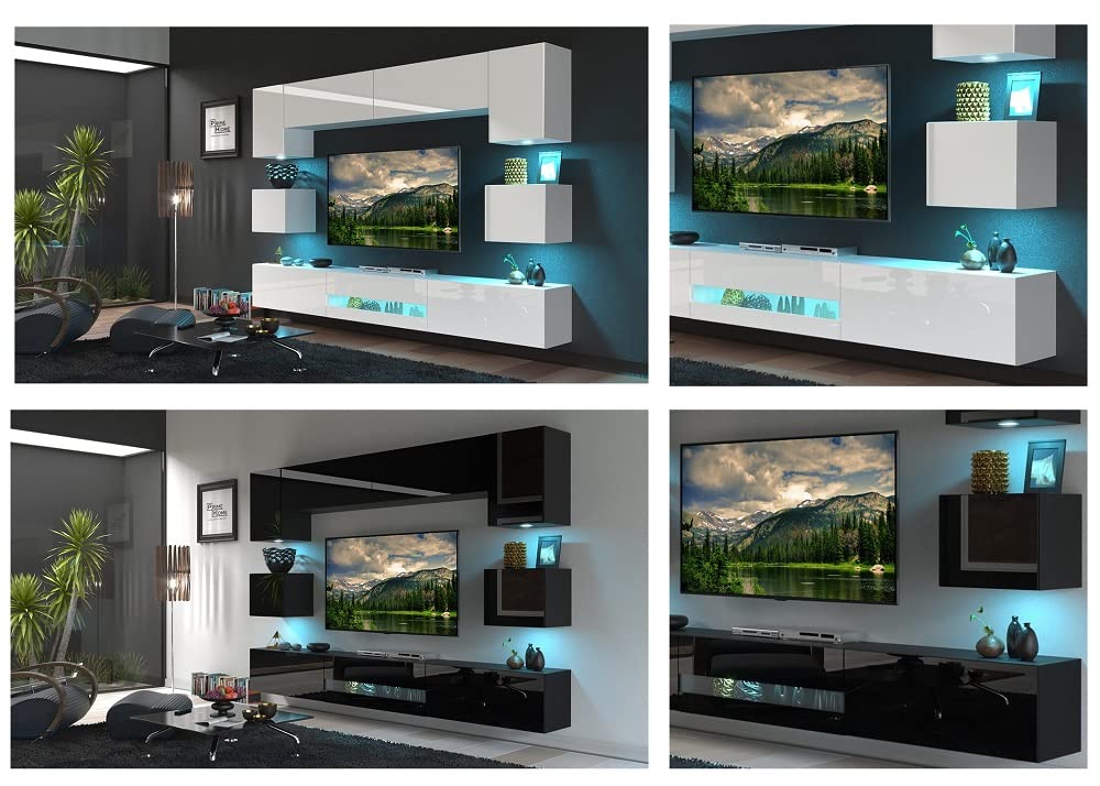 Besta DAN1-17W-HG2 1B: Modern Wohnwand für Wohnzimmer mit LED, Weiß, Hängend, Schrankwand mit Regalen und TV-Schrank