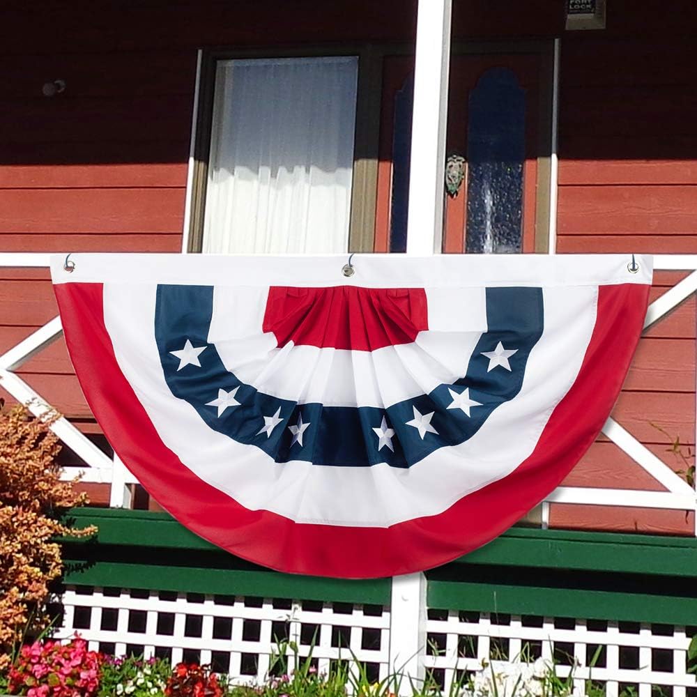 XAMSHOR American Bunting Banner Flag USA Pleated Fan Flag 3x6 Feet Embroidered Patriotic Stars, Sewn Stripes, Grommets, 4th of July Decorations for Outdoors, Yard