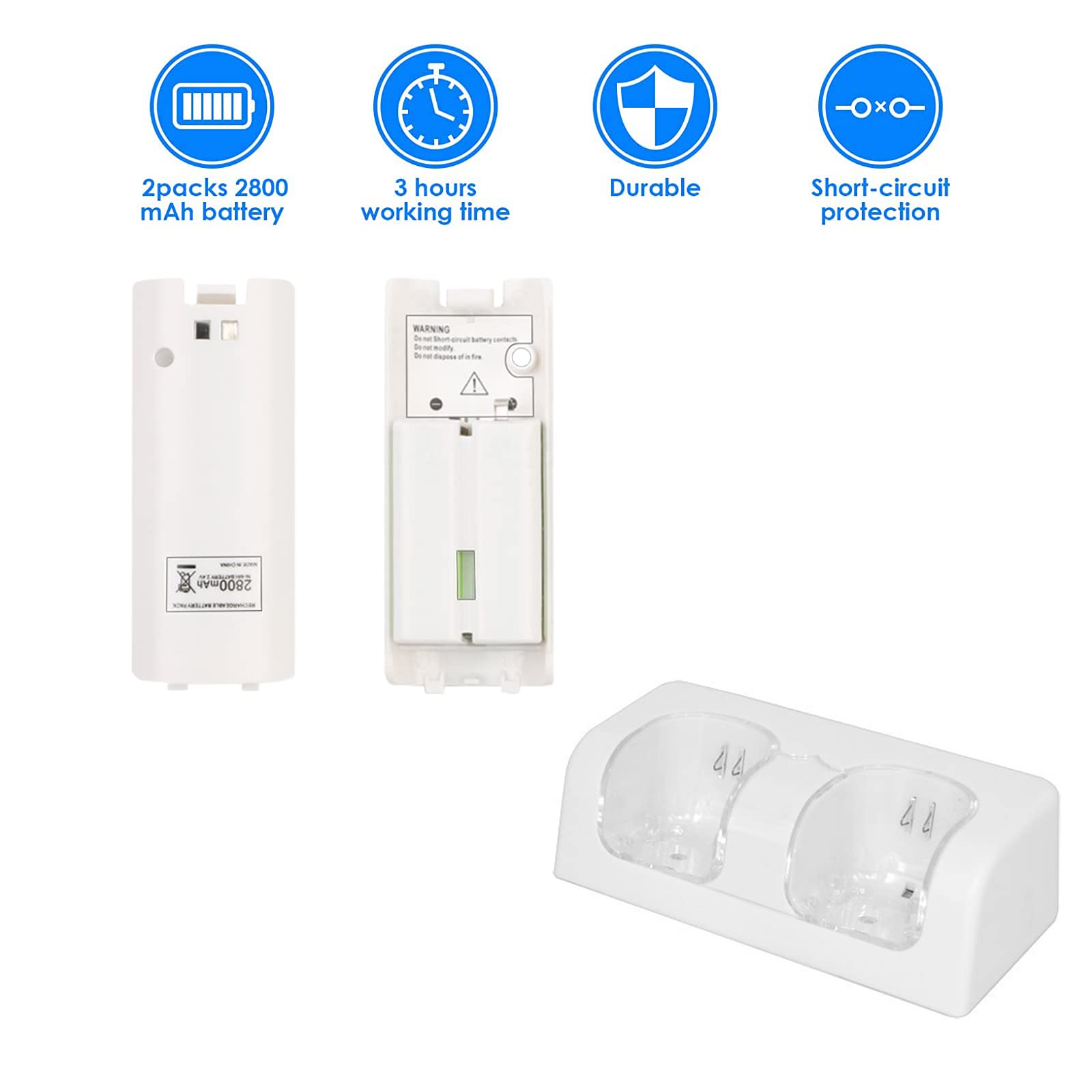 SANON Station de Recharge pour Wii Remote Controller, USB 2 Pors Charging Dock avec 2 Piles Rechargeables et indicateurs LED pour Wii Télécommande (Blanche-2 Dock)