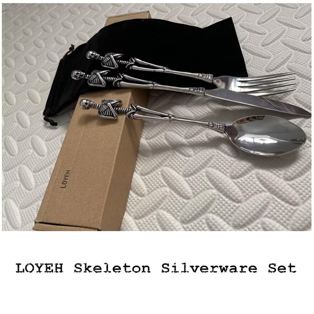 Set di posate scheletriche, cucchiaio forchetta design unico con teschio in acciaio inossidabile per Halloween Pasqua e Natale (scheletro con coltello)