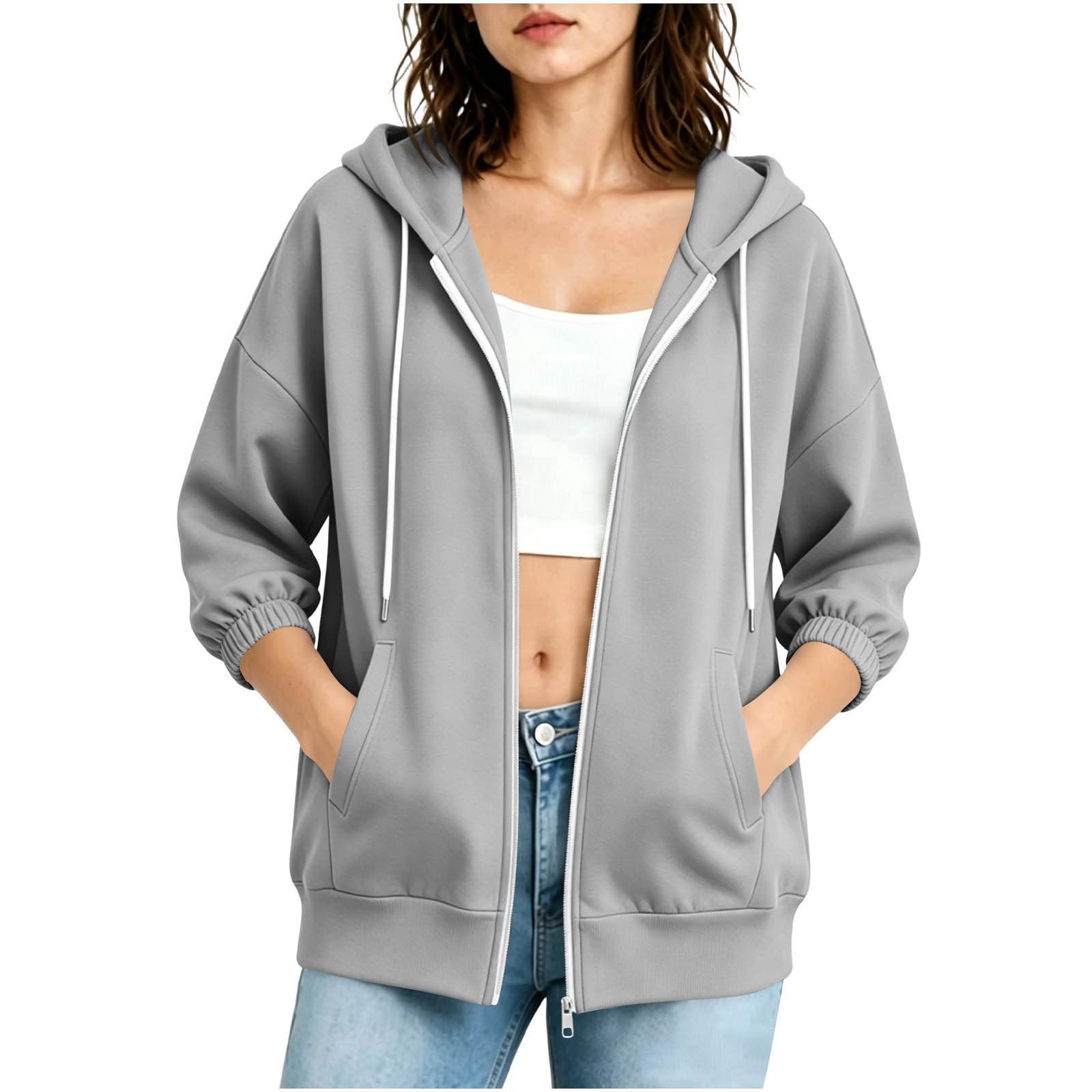 Zipped Hoodies for Women, Summer Jackets Oversized Solid Hoodie Women Lightweight Loose Fit Jacket Ladies Soft Sweatshirt with Pockets Casual Long Sleeve Hooded Outfit for Travel