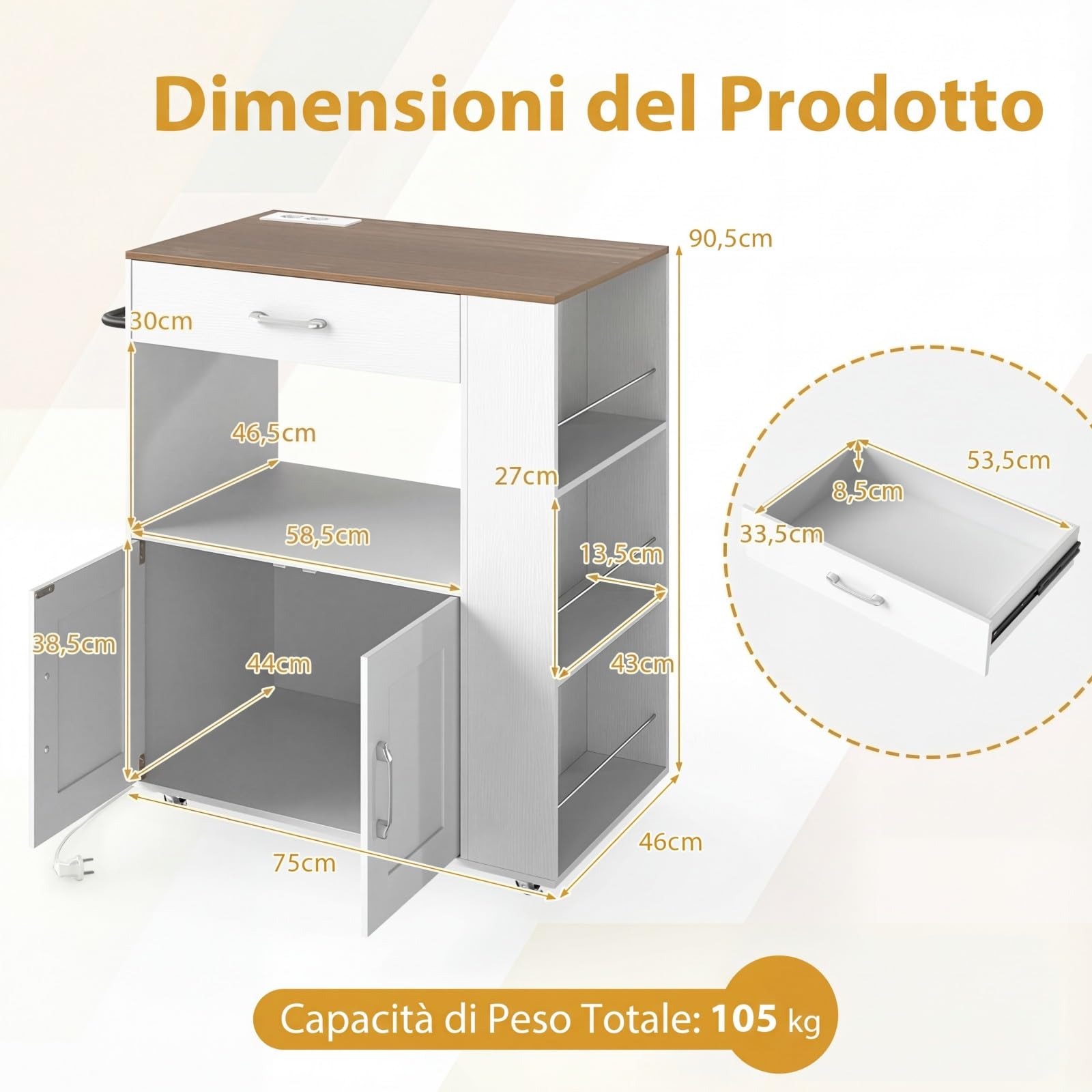 COSTWAY Carrello da Cucina con Ruote, Isola da Cucina con 3 Portaspezie 1 Cassetto Armadietto a 2 Porte, Carrello Portaoggetti con Portasciugamani, 82x46x92 cm (Bianco, con presa)