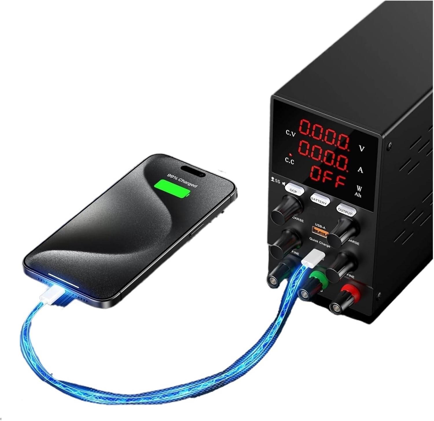 Adjustable DC Power Supply 30V 5A 10A,Bench Power Supply,24V 36V 48V 72V Battery Charging,Reverse Polarity Protection(R-SPS1530C 15V30A)