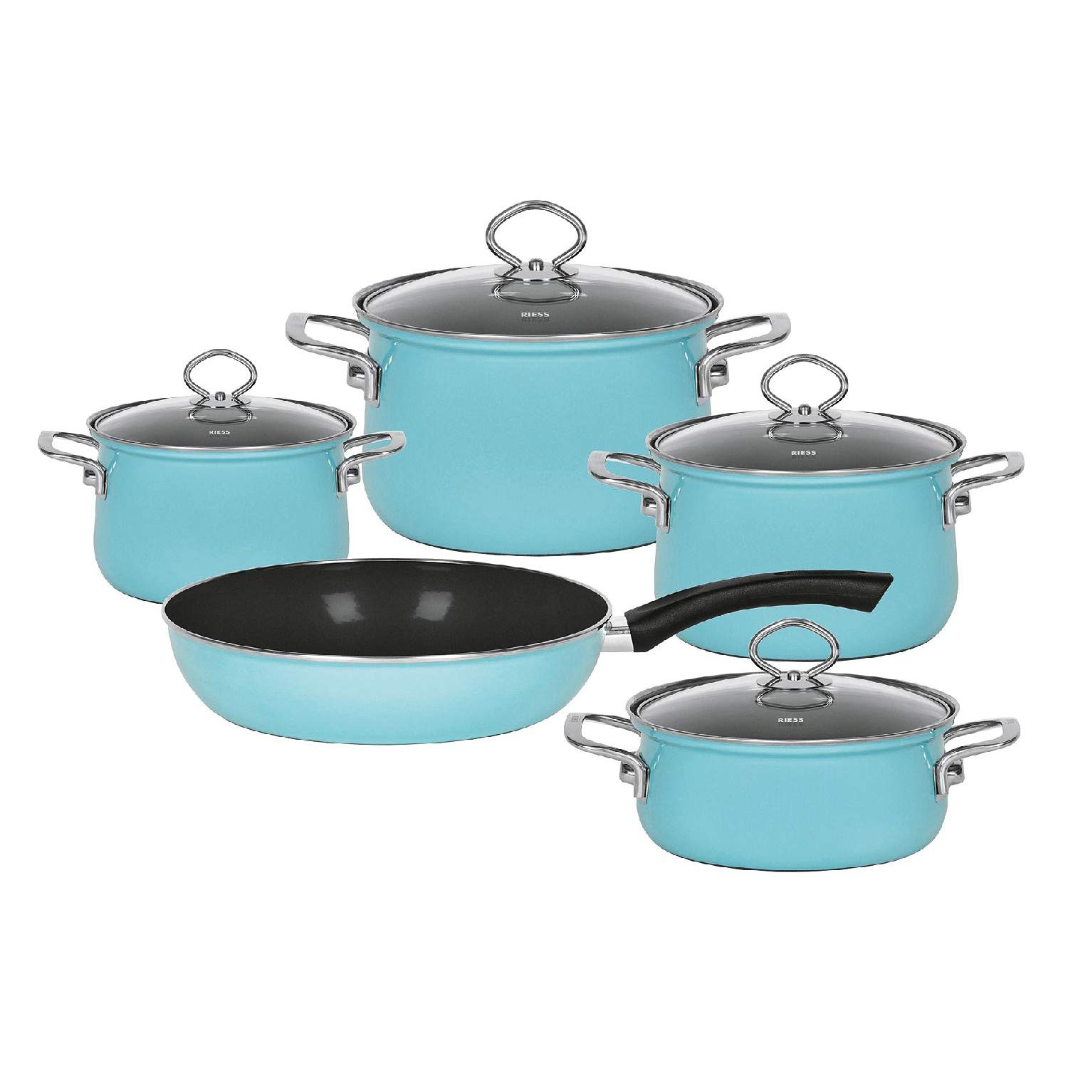 Lot De 5 Casseroles émaillées Vintage - Bleu, Jaune, Vert - Tôle - Occasion