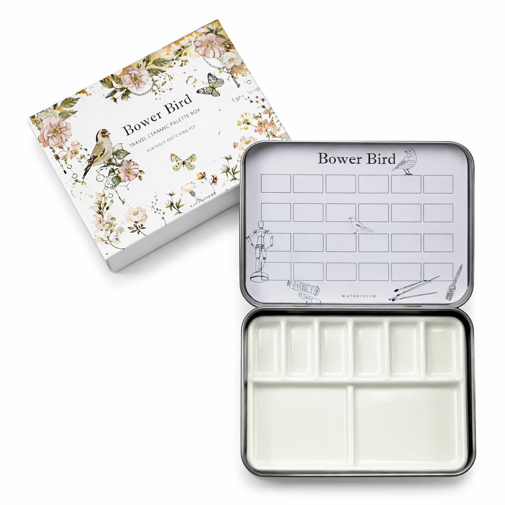 Bower Bird Travel Watercolor Palette, Portable Ceramic Palette with 6 Wells