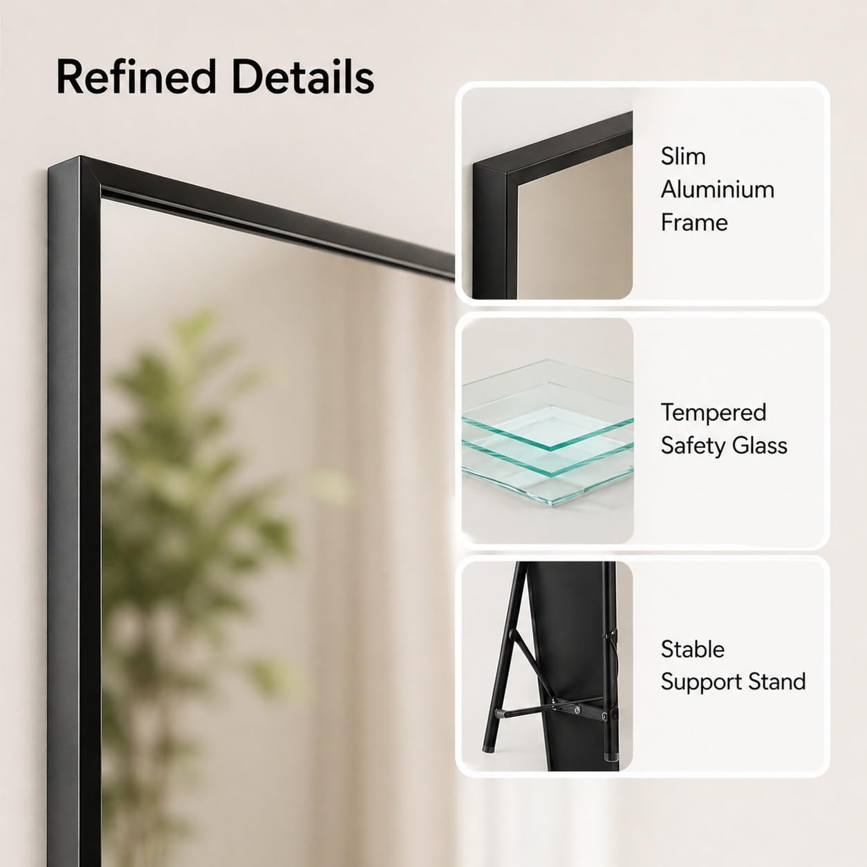Espejo de Pie Moderno 52x161 cm | Espejo de Cuerpo Entero Resistente con Marco de Aluminio Estrecho | para Salón, Dormitorio y Vestidor | Función Doble: De Pie o Colgante