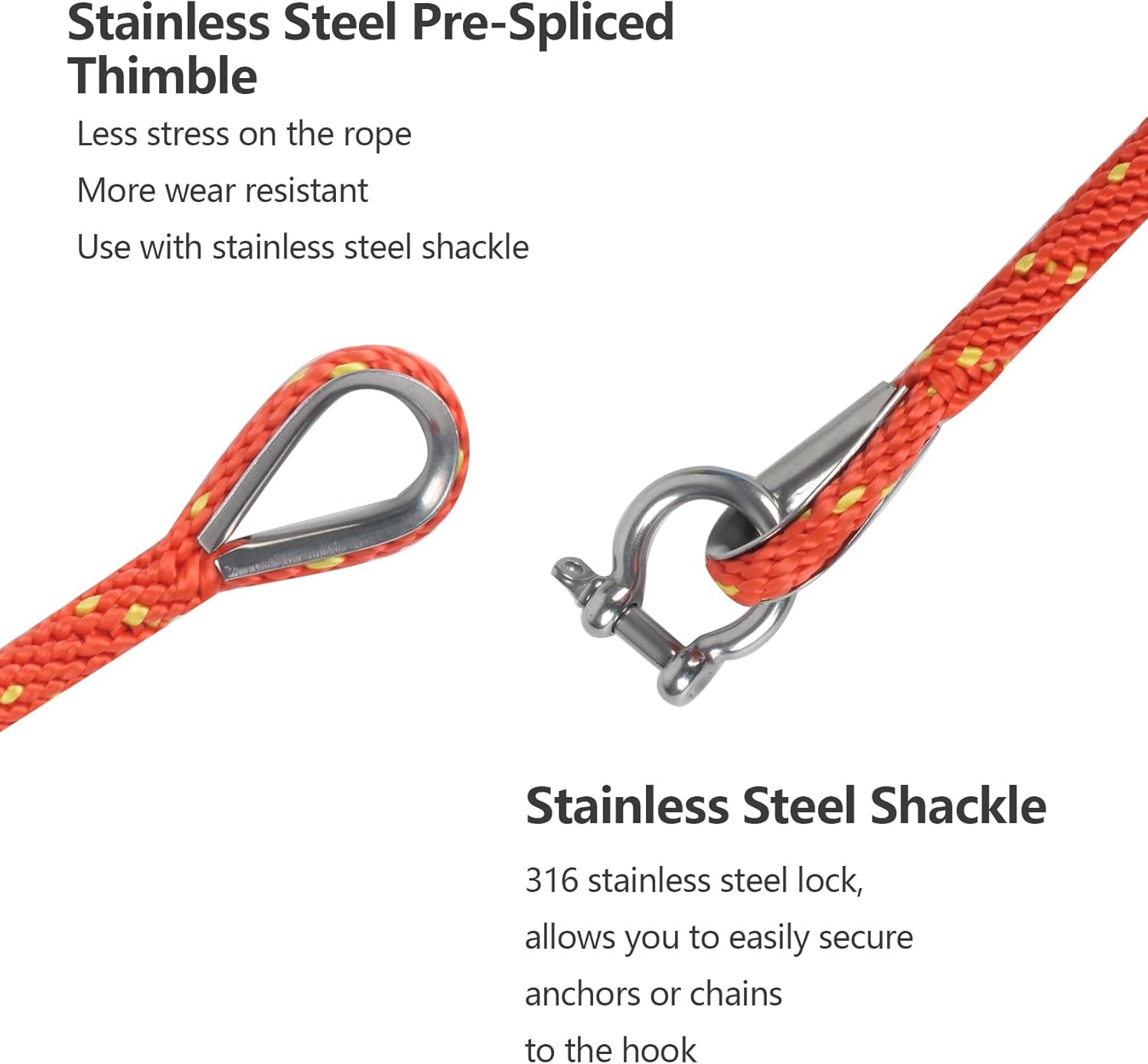 Anchor Rope 50 Ft x 3/4 Inch Premium Solid Braid MFP Anchor Line with 316 Stainless Steel Thimble and Heavy Duty Shackle Marine Boat Rope - Orange/Yellow