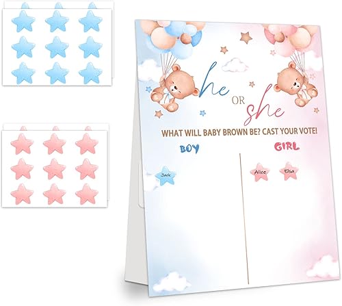 LNOKRIM Juego de fiesta de revelación de género, letrero de mesa de votación con tema de oso para revelación de género, 54 calcomanías de votación