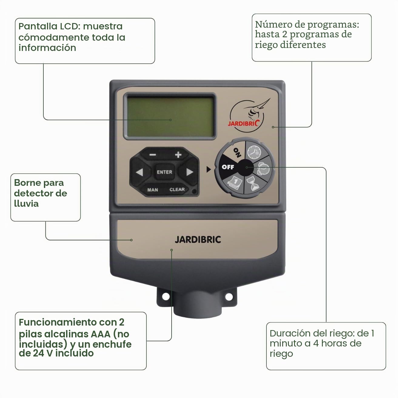 Jardibric – Programador de riego 9 V 6 vías – 2 programas independientes multi-zonas electroválvula