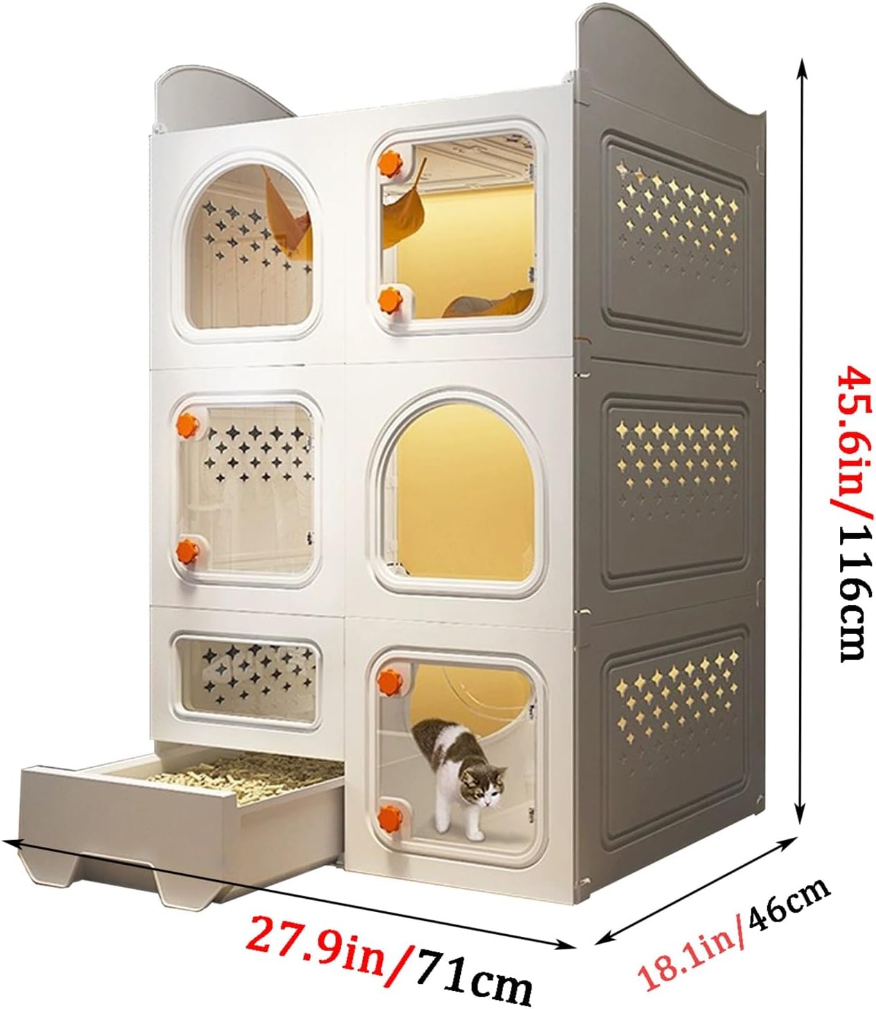 Cat Cage, Double-sided ventilation Cat Playpen, Cat litter box integrated, with top storage, Transparent door for viewing, Easy to Assemble Cattery(27.9x45.6/71x116cm)