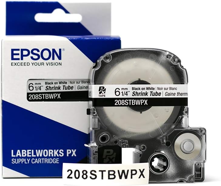 Epson LABELWORKS 208STBWPX Tape Cartridge - Black on White Shrink Tube Industrial Label Maker Tape - AWG 6-18, 1/4" (8MM) Wide, 8 ft (96")