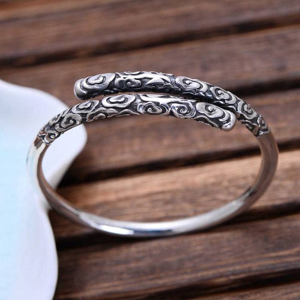 Bracciale Retrò Bracciale Rigido in Argento Sterling 990 Bracciale a Cerchio D'Oro con Desiderio Goffrato RetròNero