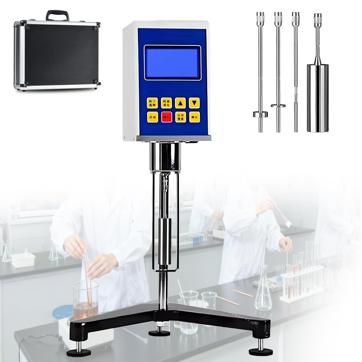 Viscosímetro giratorio digital con 4 husillos y elevación de engranajes helicoidales, 1-100000 mPa·s, 6/12/30/60 RPM, pantalla LCD para pruebas de viscosidad de laboratorio e industria