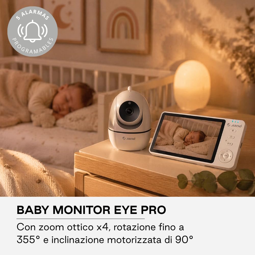 Jané Eye Pro Baby Monitor, Baby Monitor con Telecamera Rotante, Inclinazione Motorizzata, Display da 5”, Audio Bidirezionale, Visione Notturna, con Musica, Basso Consumo