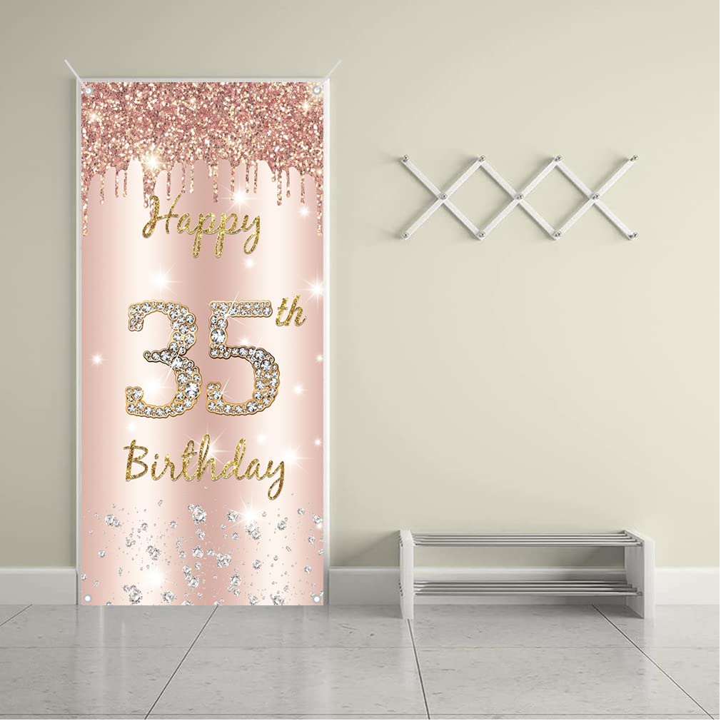 35. urodziny kobiety dekoracja, Happy 35 Birthday Door Banner Różowe złoto, 35. urodziny materiał szyld plakat dekoracja drzwi, 35. urodziny tło baner kobiety, impreza urodzinowa tabliczka powitalna