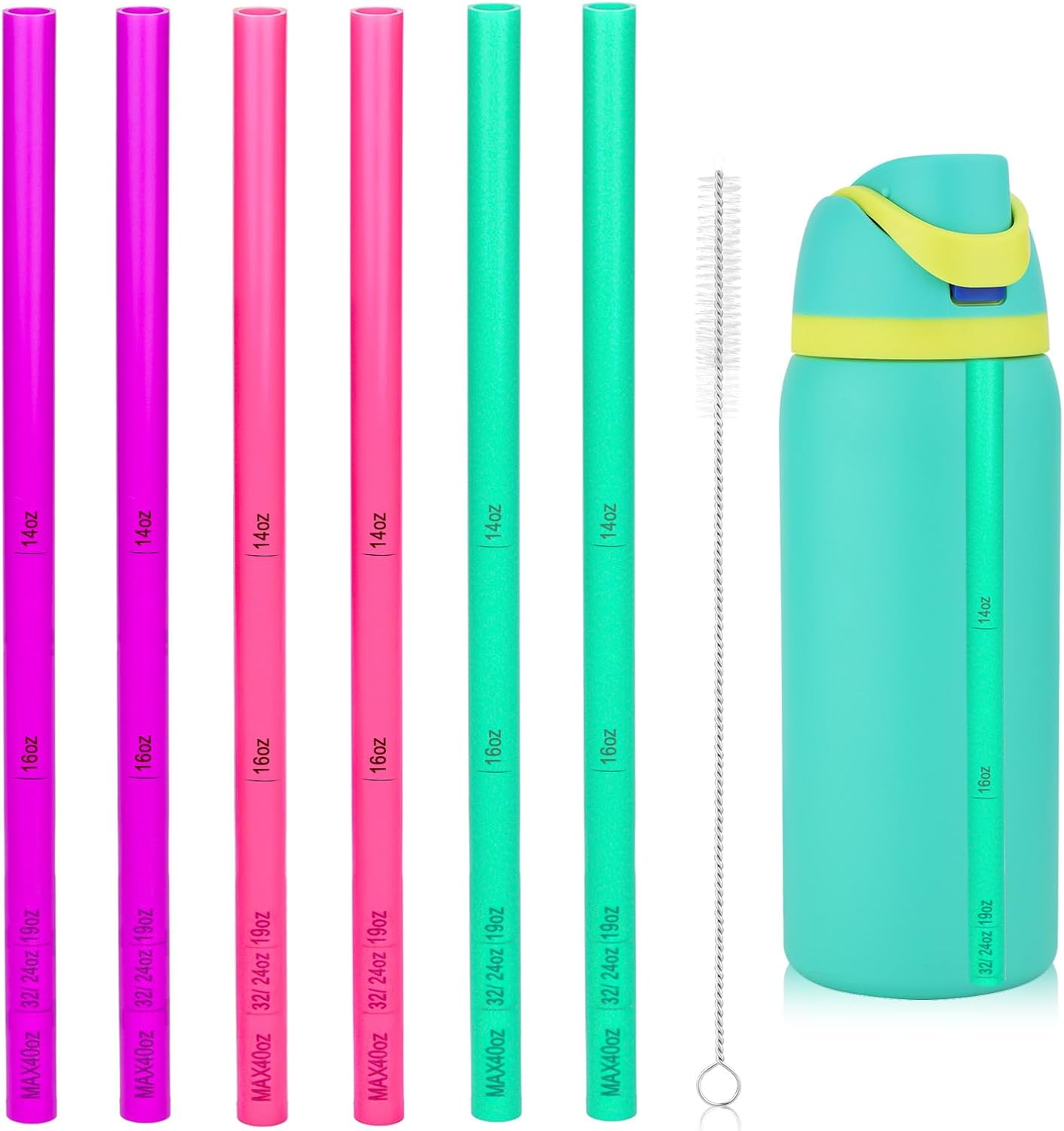 6pcs Straw Replacement for Owala Water Bottle 24oz 32oz, Tumbler Cup Soft Plastic Straws with Brush, Stainless Steel Reusable Straw with Scale Parts Accessories for Owala FreeSip 14/16/19/24/32/40oz