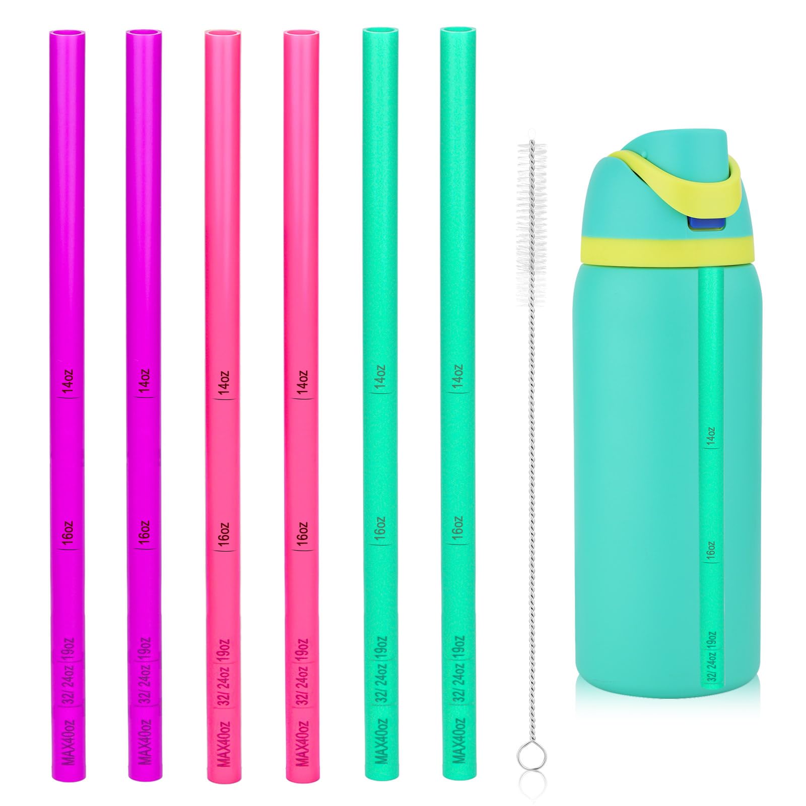 6pcs Straw Replacement for Owala Water Bottle 24oz 32oz, Tumbler Cup Soft Plastic Straws with Brush, Stainless Steel Reusable Straw with Scale Parts Accessories for Owala FreeSip 14/16/19/24/32/40oz