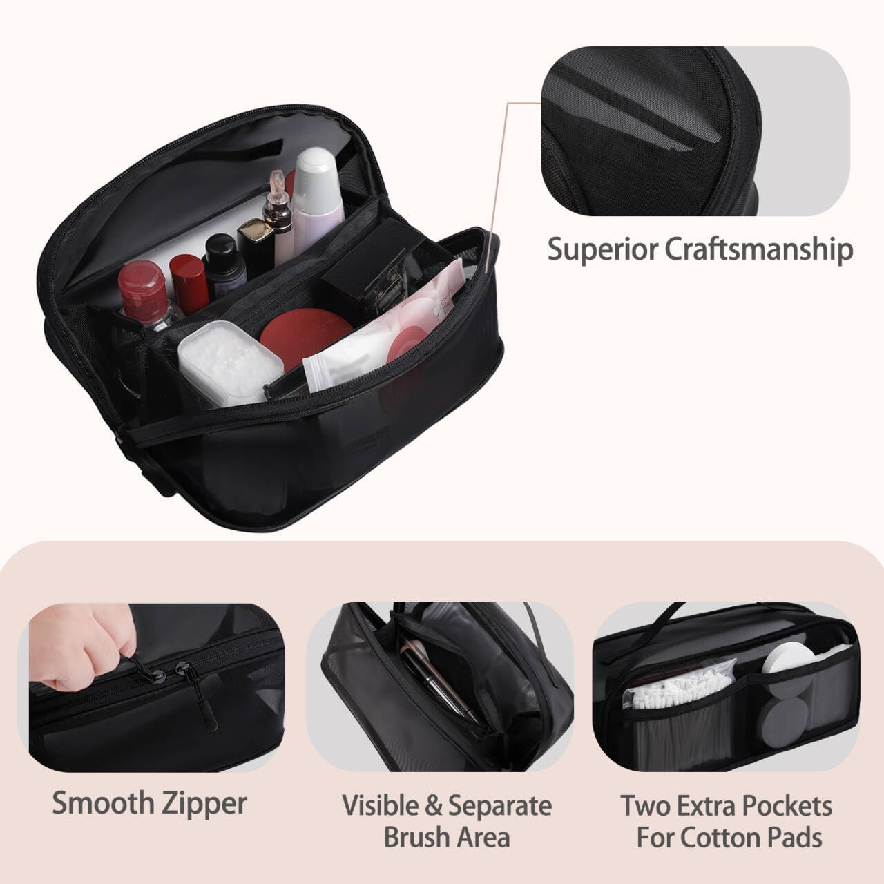 ETTP Travel Makeup Bag,Large Capacity Cosmetic Bags for Women,Toiletry Bag Make up Organizer with Divider and Handle(Black)