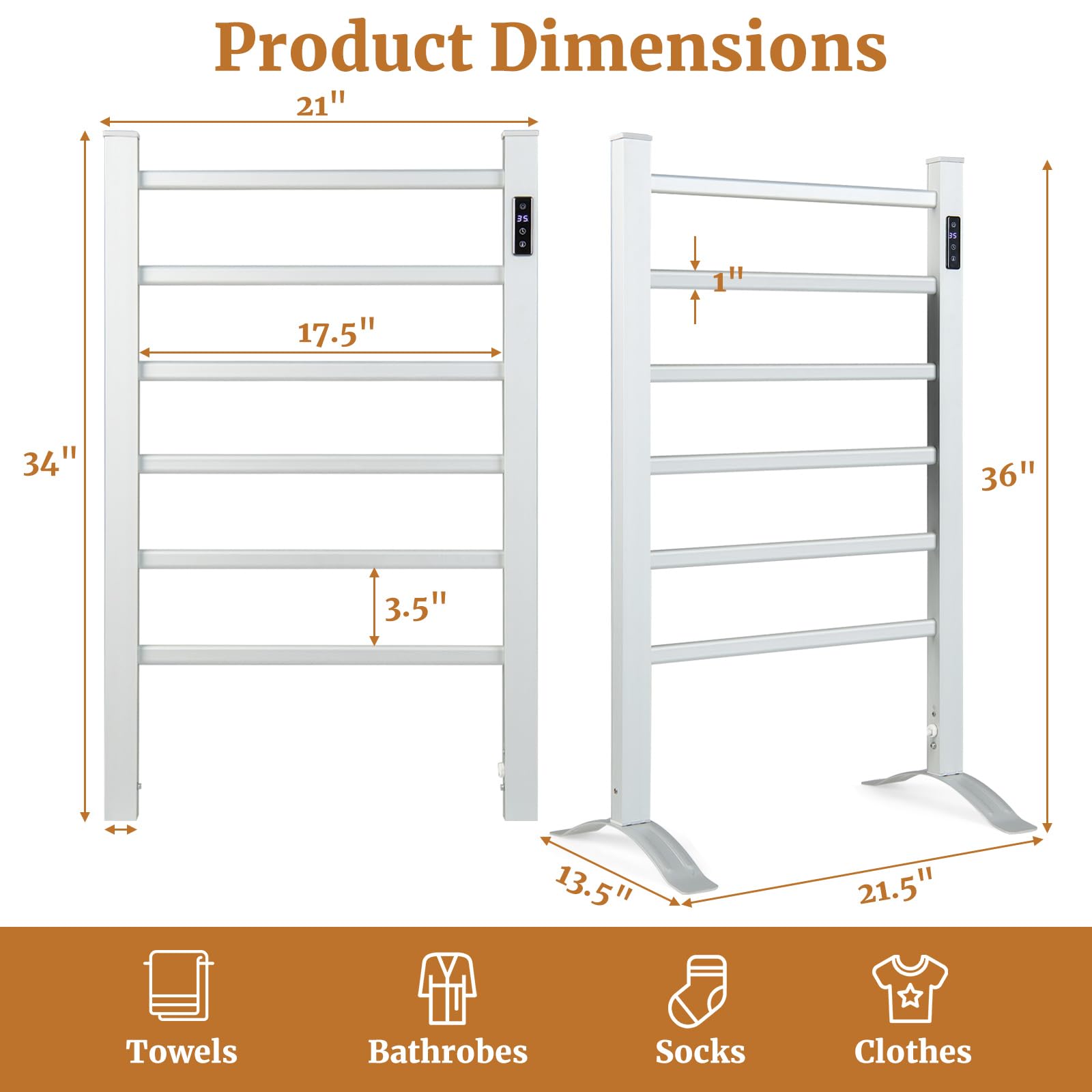 Stainless Steel Electric Heated Towel Rack Wall Mounted with Built-in