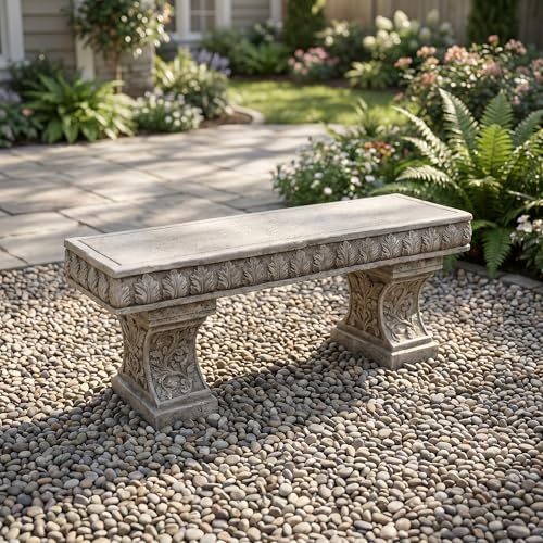 GENUINQ Ornate Cast Stone Garden Bench 28 Long Kazakh-Inspired Carved Outdoor Stool Weatherproof Decorative Stone Bench for Patio & Yard