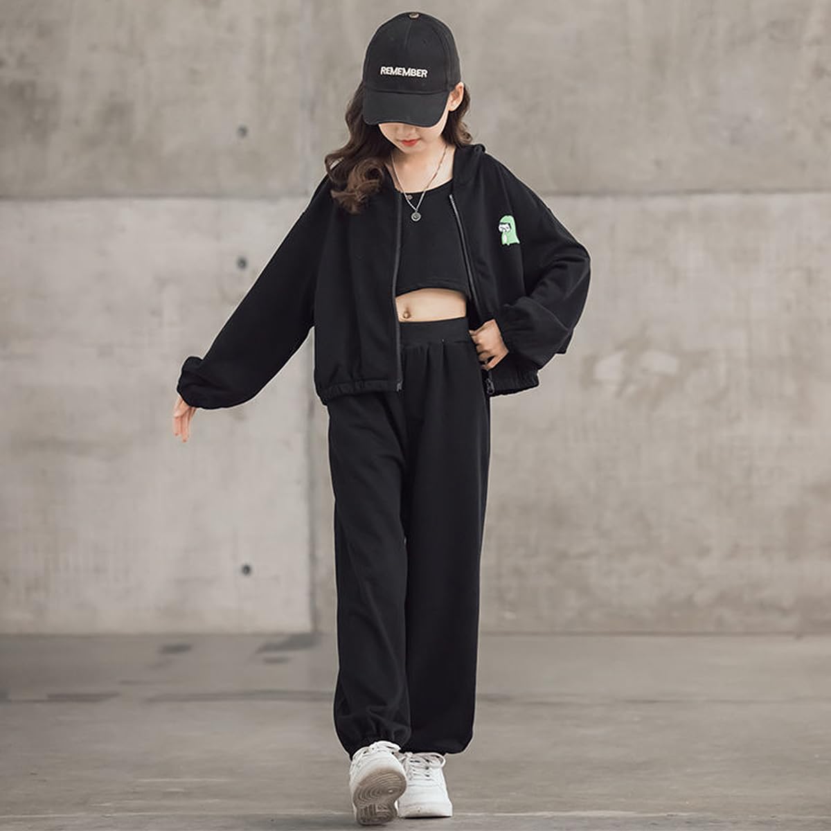 linboo Survêtement 3 pièces pour fille (veste de survêtement + pantalon de sport + haut court) - Tenue hip hop pour enfants et filles