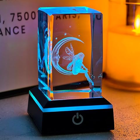 Crystal 3D Fairy with Moon Girls' Gifts, Engraved Moon Fairy Figurine on Colorful L...