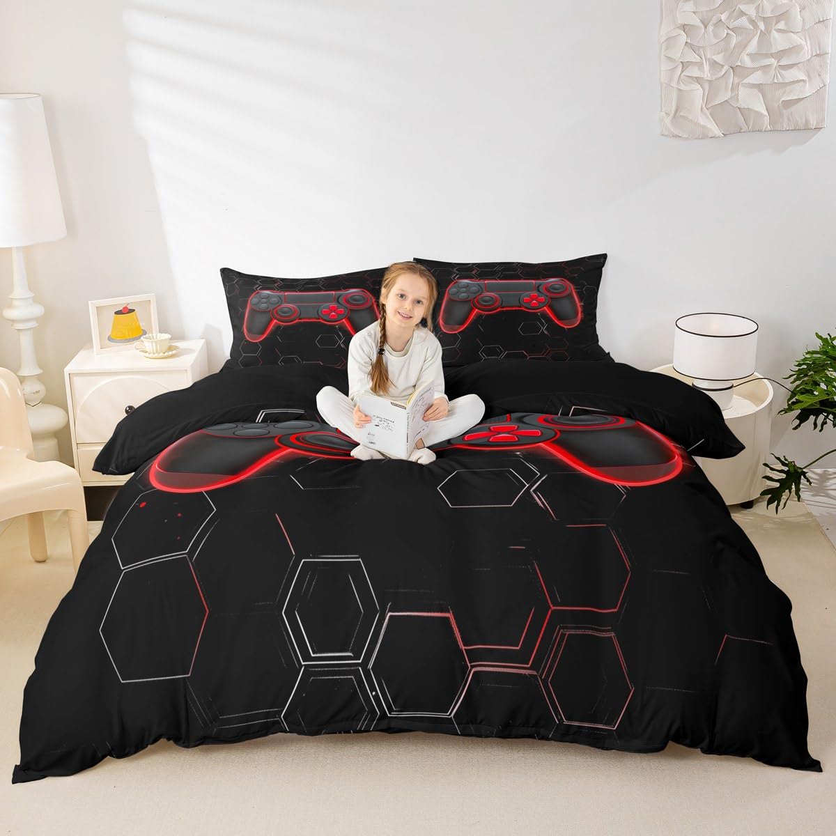 Loussiesd Honeycomb Gamer Duvet Cover Set Single Size For Kids Boys Teens Hexagonal Gaming Bedding Set Red Neon Gamepad Comforter Cover with 1 Pillowcase Game Console Controller Beds Set - Image 3