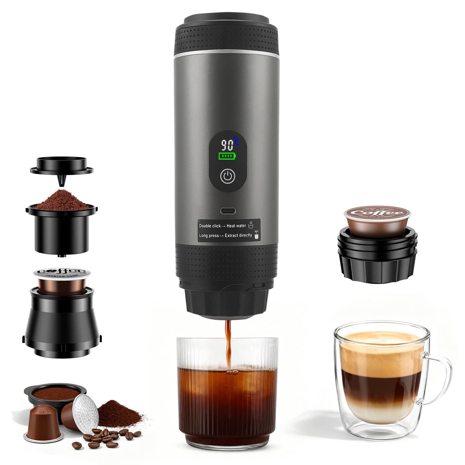 Macchina da caffè portatile 3 in 1 con batteria ricaricabile e auto-riscaldamento USB-C, compatibile con capsule e caffè macinato, mini espresso portatile per campeggio, viaggio, auto, grigio