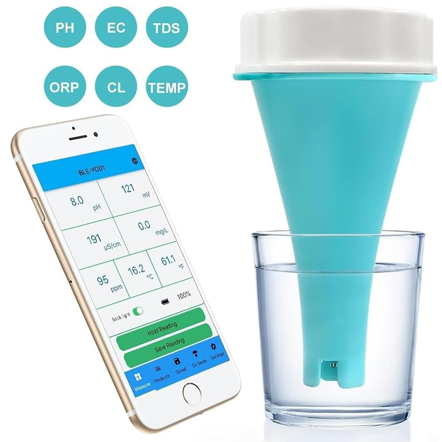 Medidor De Agua 6 En 1 con Bluetooth, Medidor De Calidad del Agua para Piscinas Que Mide Cloro, Ph, EC, Orp, Salinidad Y Temperatura, Resistente Al Agua Ip67, para Piscinas, Jacuzzis Y Spas De